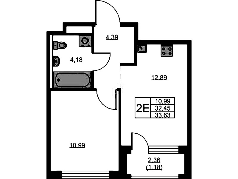 1-комнатная квартира 33.63 м², 5/9 эт., ЖК «GloraX Новоселье»